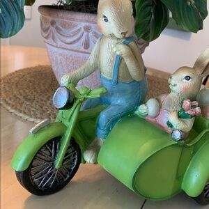 Easter Bunny Centerpiece Shelf Display Bunnies  Colored Eggs Motorcycle/Side Car